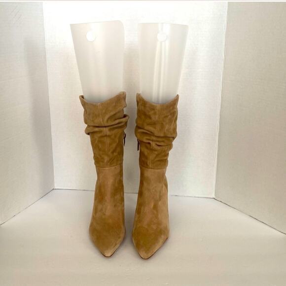 NWOT Vince Camuto Sonbela Ruched Camel Light Brown Suede Boots in Size 9.5. - Picture 1 of 5